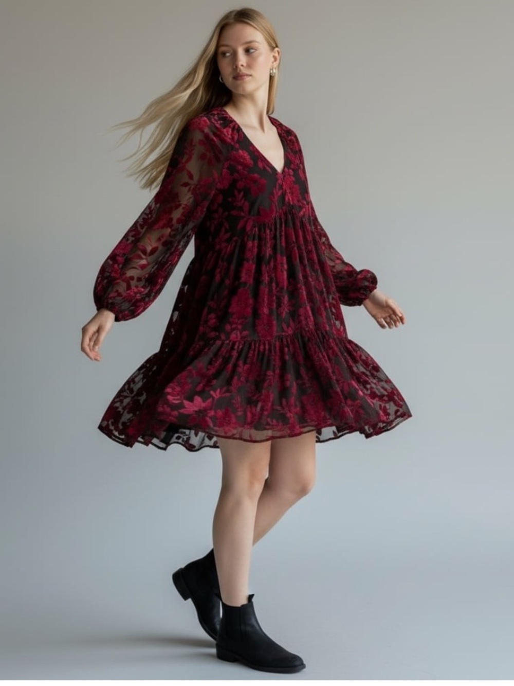 Taylor Velvet Floral Burnout Mini Dress Burgundy/Black- BOHO Tiered Babydoll